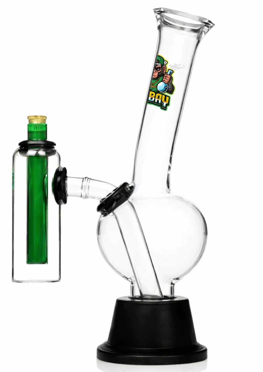 Glass water pipe with a black base and green accent on a white background